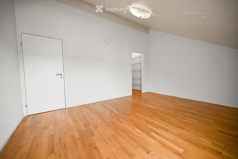 Empty room with light wooden flooring, white walls, and a closed white door. A small closet with empty shelves is visible in the background.