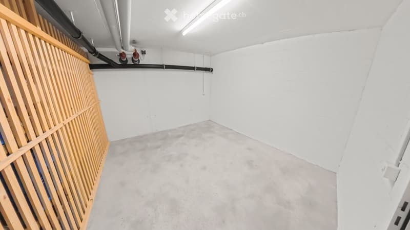 Empty room with white walls, concrete floor, and exposed pipes and wooden paneling on one side.