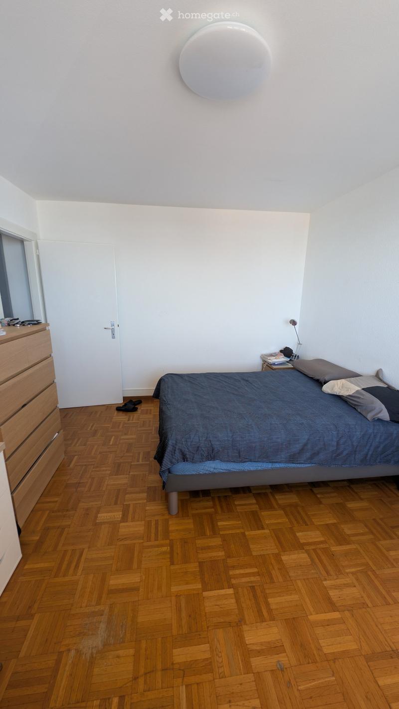 Modern bedroom with wooden herringbone flooring, a double bed with dark blue bedding, a nightstand with a lamp, and a wooden dresser.