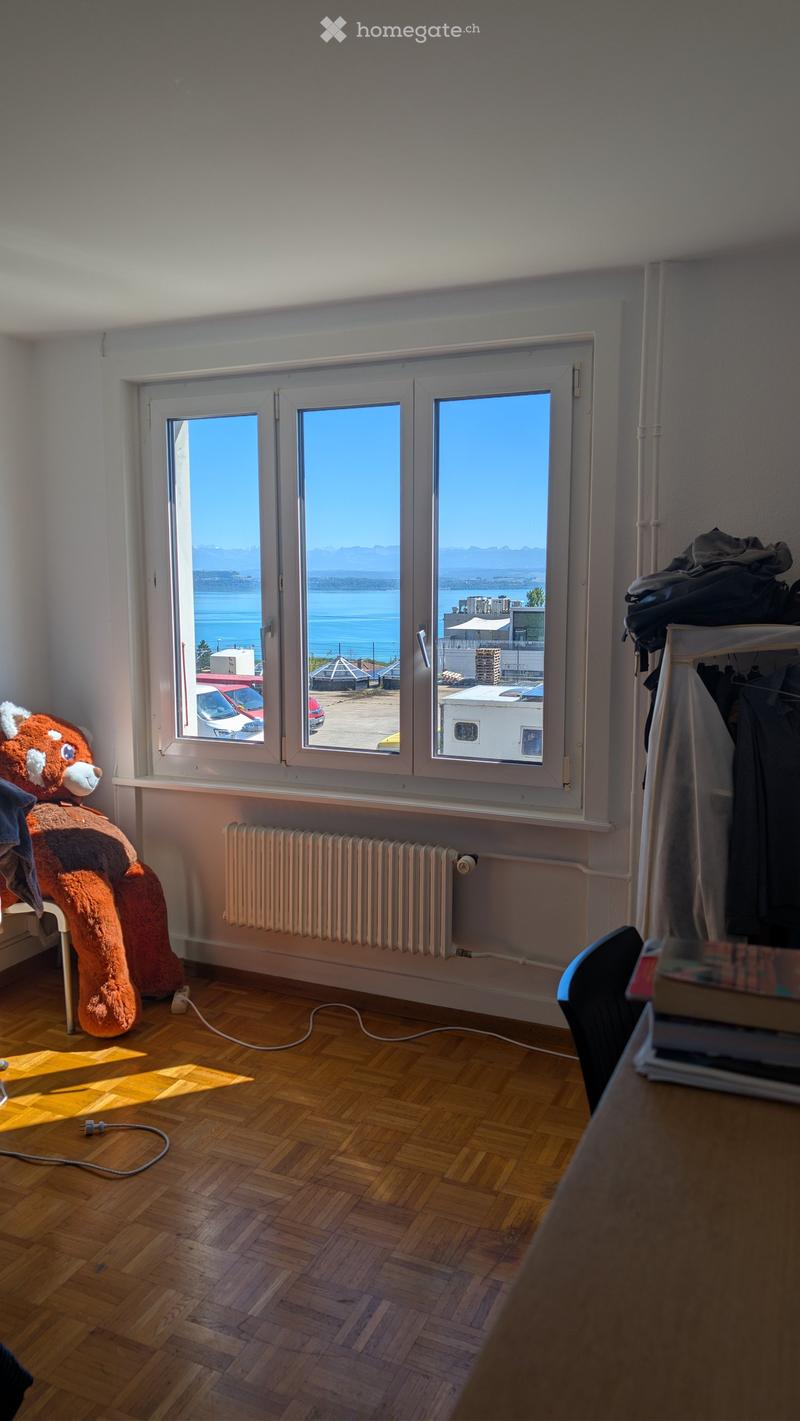 Bright room with wooden flooring, large windows offering a scenic view of a lake and mountains, a teddy bear on a chair, a radiator, a table with books, and a wardrobe with clothes.