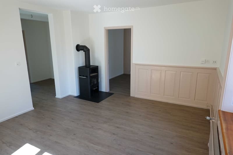 Empty room with wooden flooring, white walls, and a black wood stove with a chimney pipe. Two doorways lead to other rooms.