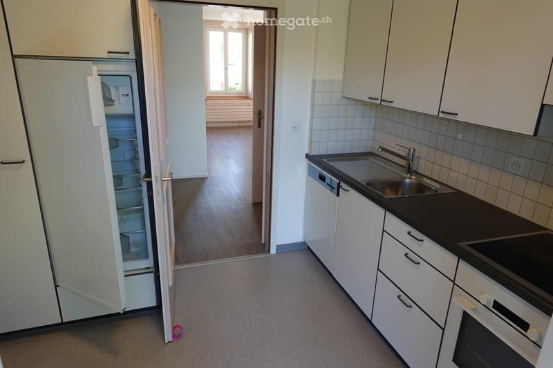 Modern kitchen with white cabinets, stainless steel sink, dishwasher, and refrigerator. Open layout connects to a wooden-floored living area with large windows.