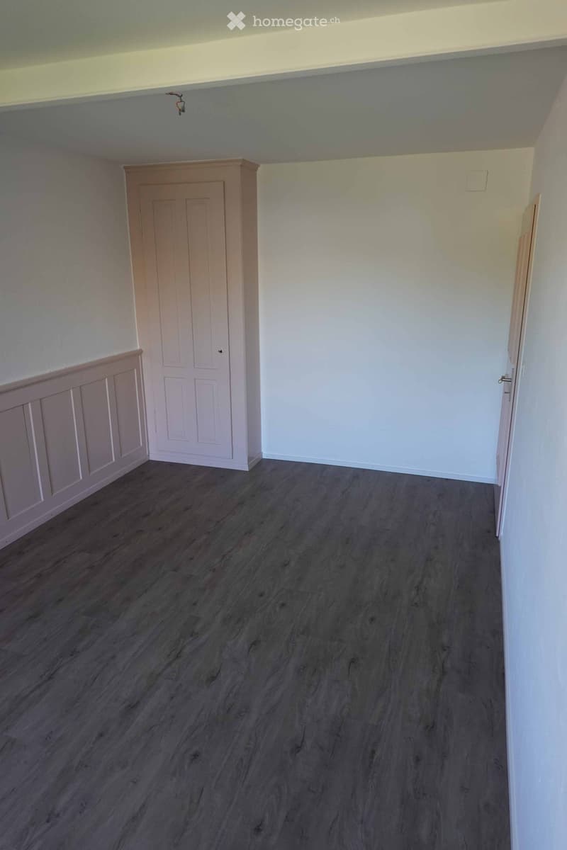 Empty room with light-colored walls, wooden flooring, and a built-in closet with double doors.