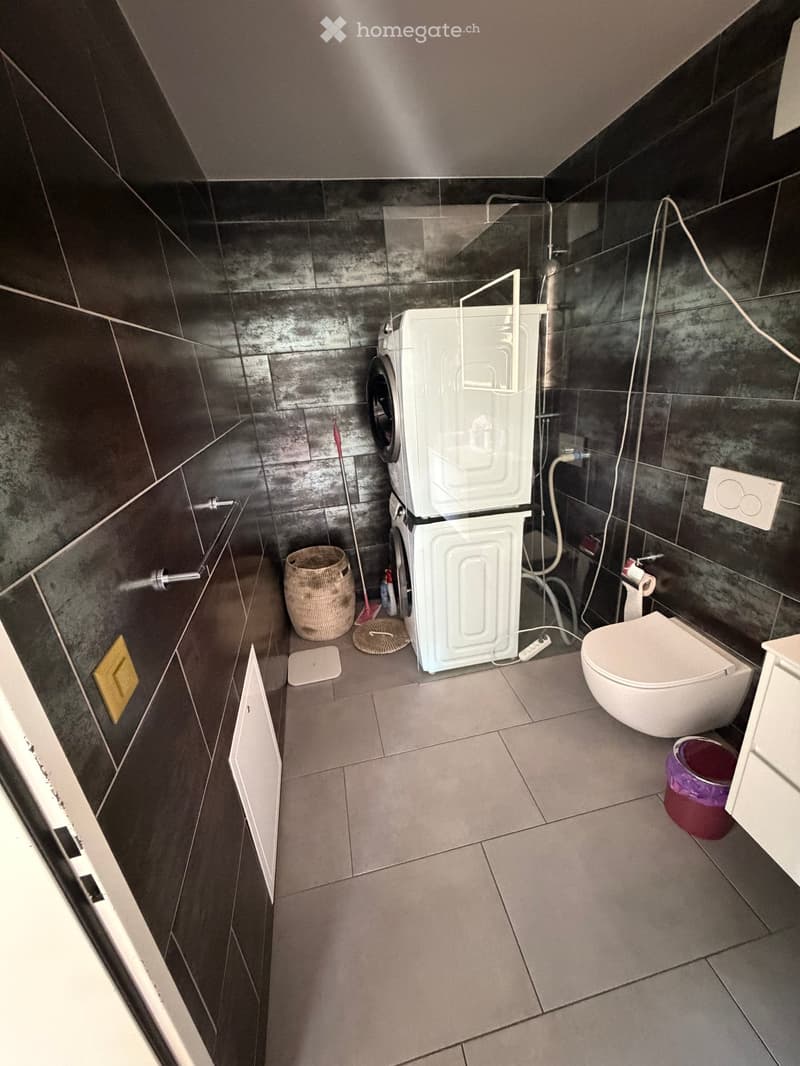 Modern bathroom with dark grey tiles, a toilet, a washing machine, a wicker basket, a mop, and a trash bin.