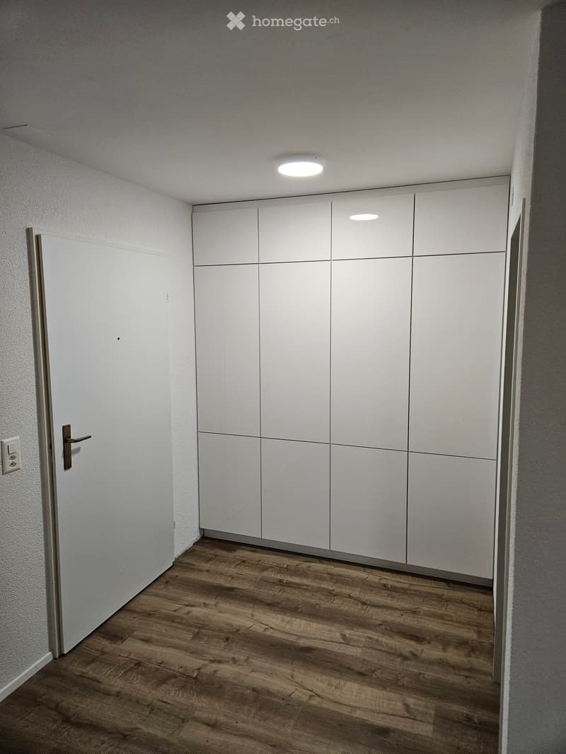 Empty hallway with wooden flooring, white walls, and built-in white cabinets.