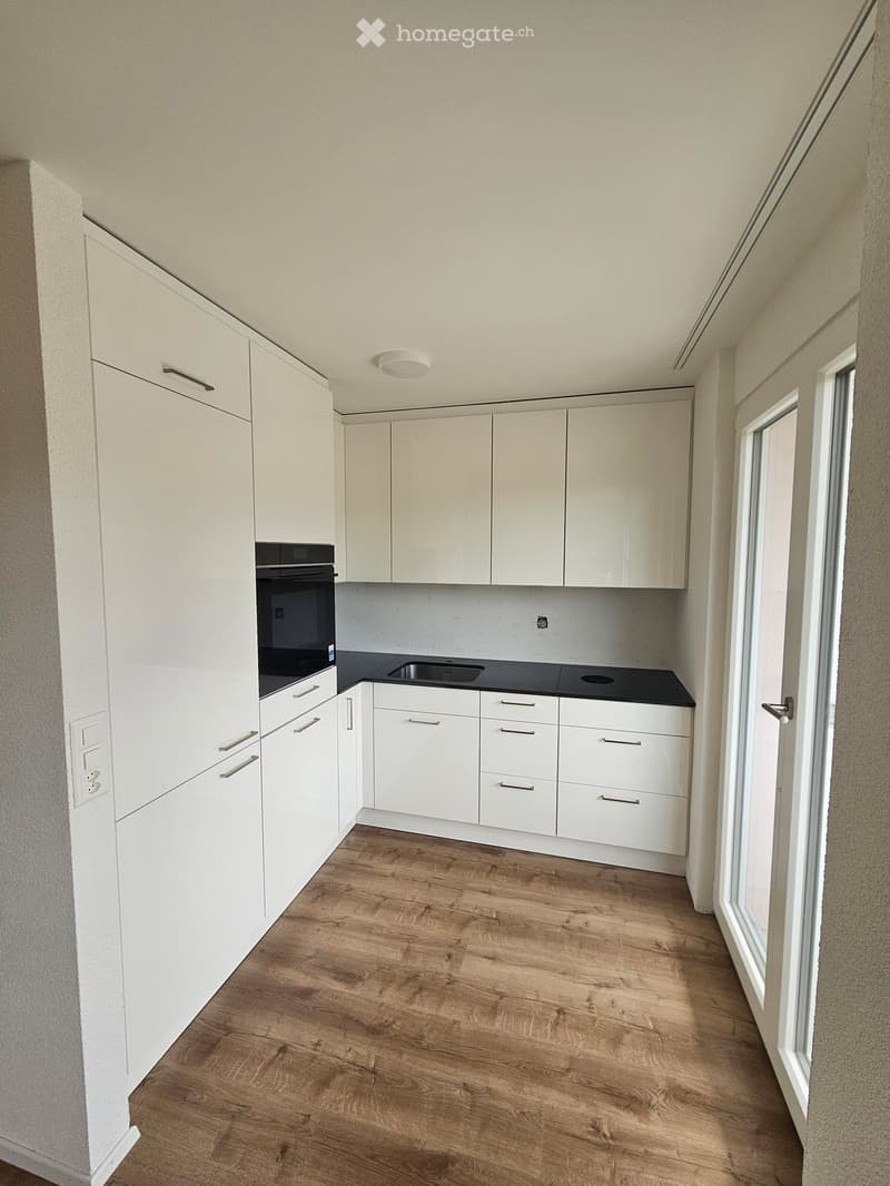 Modern kitchen with white cabinets, black countertop, and wooden flooring.