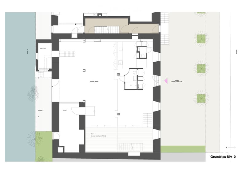 Floor plan of a modern residential space featuring a living area, bedroom, studio, gallery, and terrace. Includes a kitchen area, bathroom, and access points.