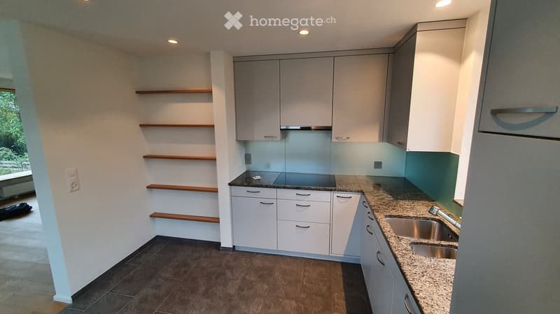 Modern kitchen with white cabinets, granite countertop, stainless steel sink, and wooden shelves on the wall.