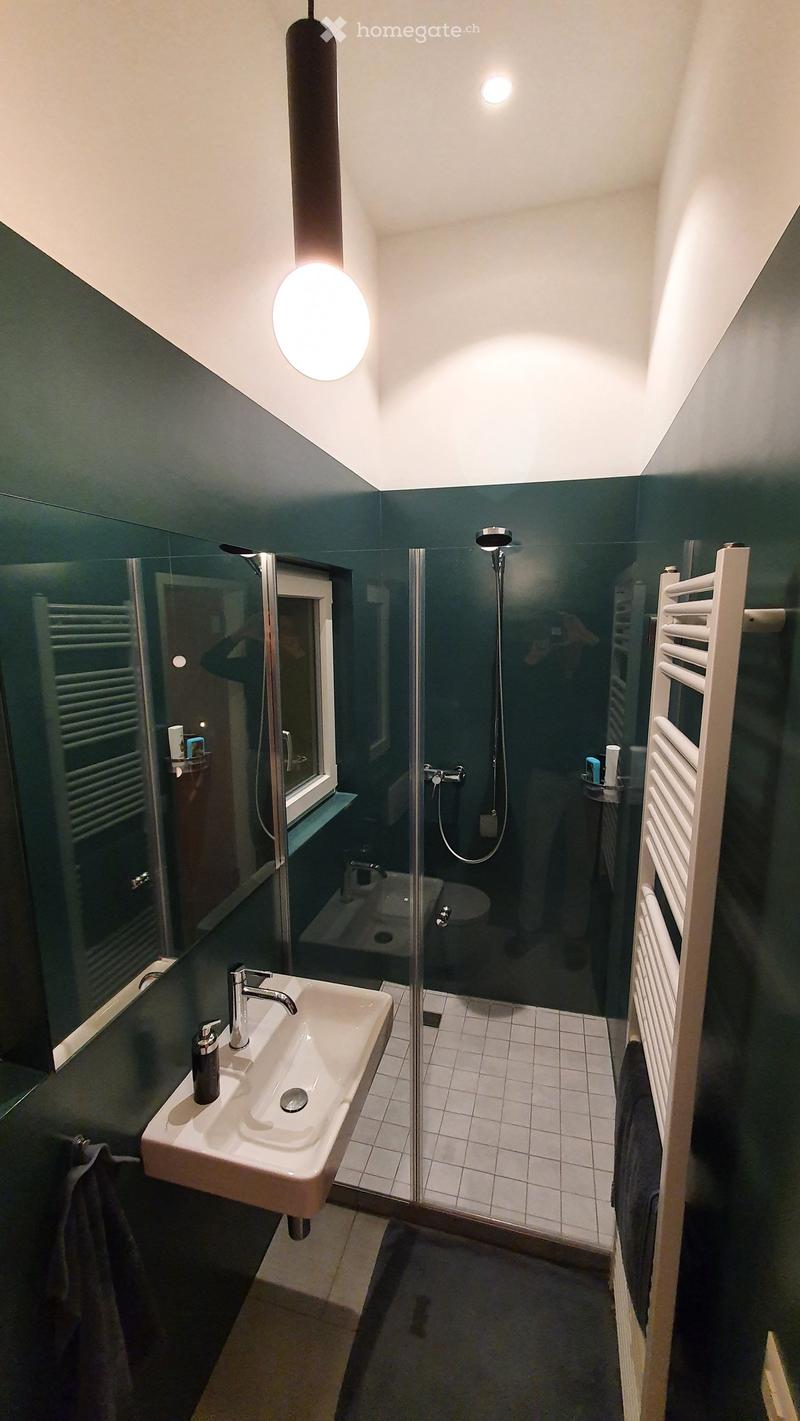 Modern bathroom with dark green walls, white tiled shower area, sink, and toilet. Features a large mirror, towel rack, and sleek lighting fixtures.