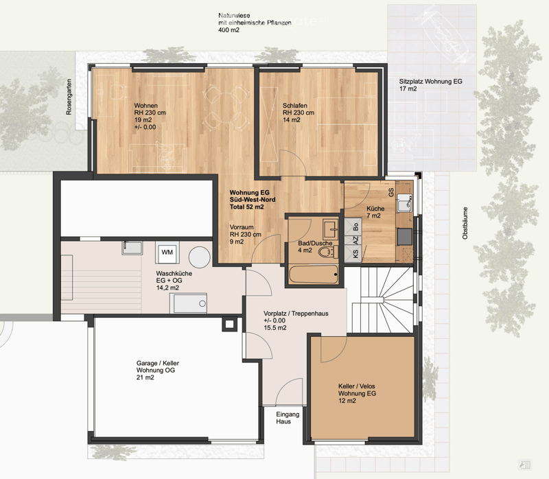 Ground floor plan showing living room, bedroom, kitchen, bathroom, entrance, garage, and outdoor seating area.