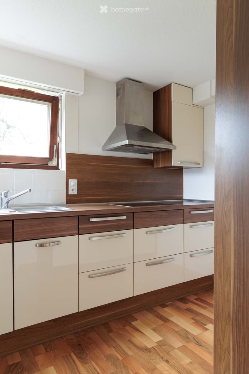 Modern kitchen with wooden and white cabinets, stainless steel range hood, and a sink with a modern faucet.