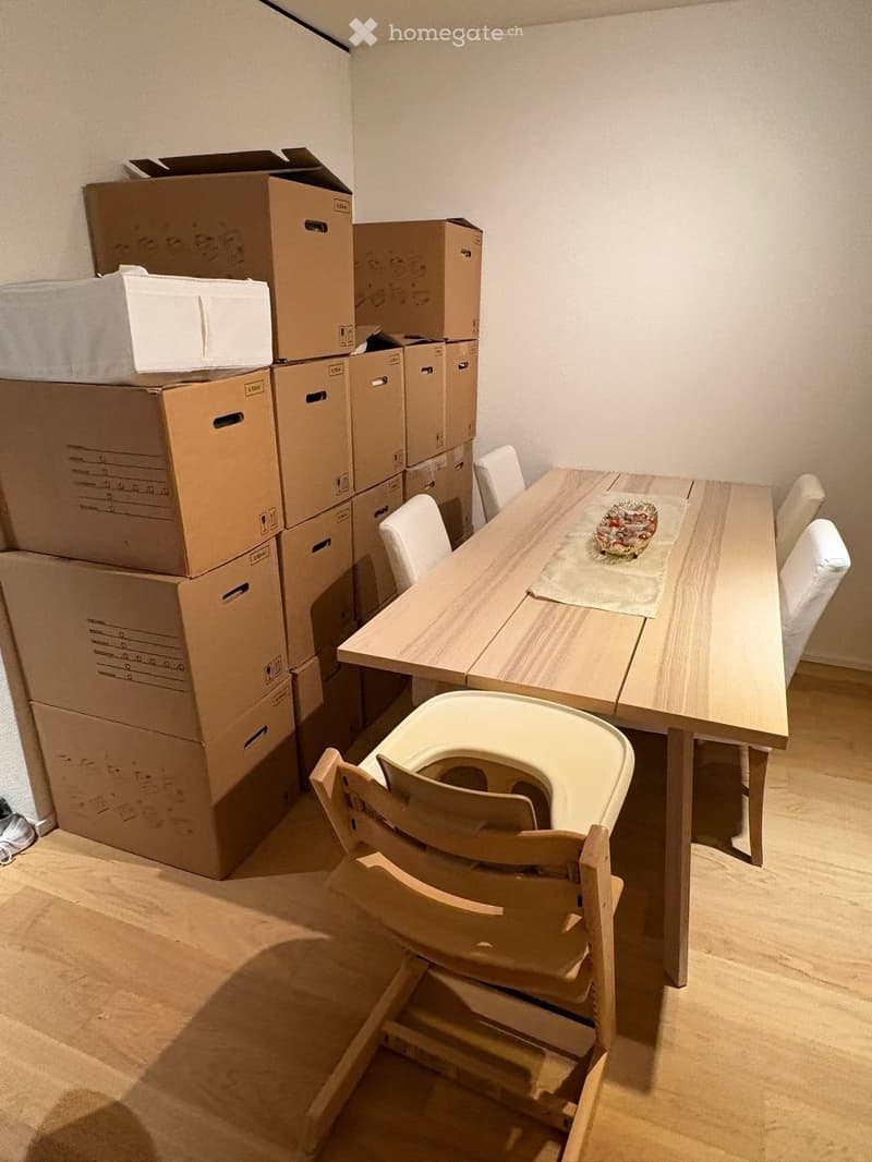 Dining area with a wooden table, chairs, a baby chair, and a decorative bowl on the table, surrounded by stacked cardboard boxes.