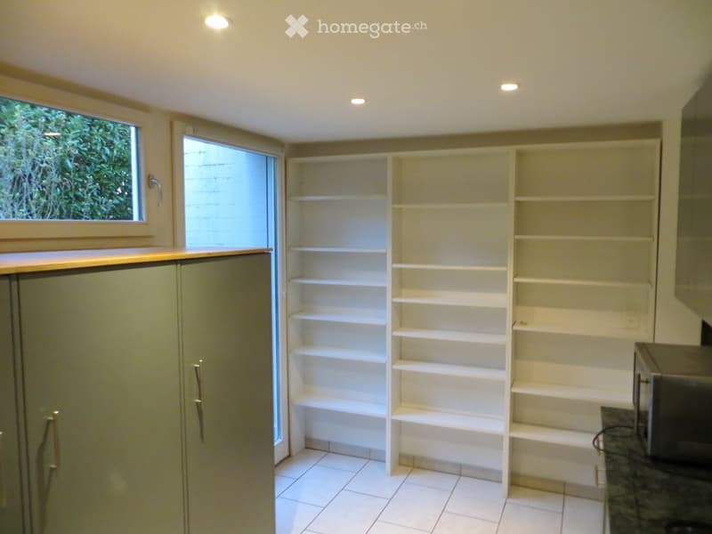 Empty room with built-in white shelving units, a closed cabinet, and a window with a view of greenery.