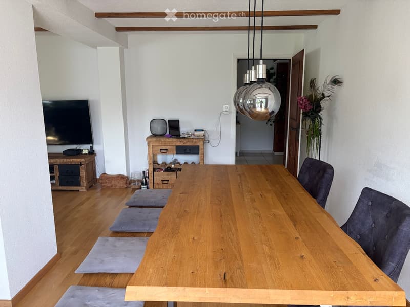 Dining room with a long wooden table, four chairs, a wooden cabinet with drawers, a screen, and a hanging pendant light.