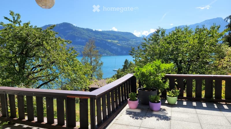 Balcony with wooden railing, potted plants, and scenic view of a lake and mountains.