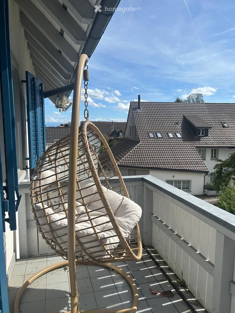 Balcony with a wicker hanging chair and cushion, overlooking neighboring houses.