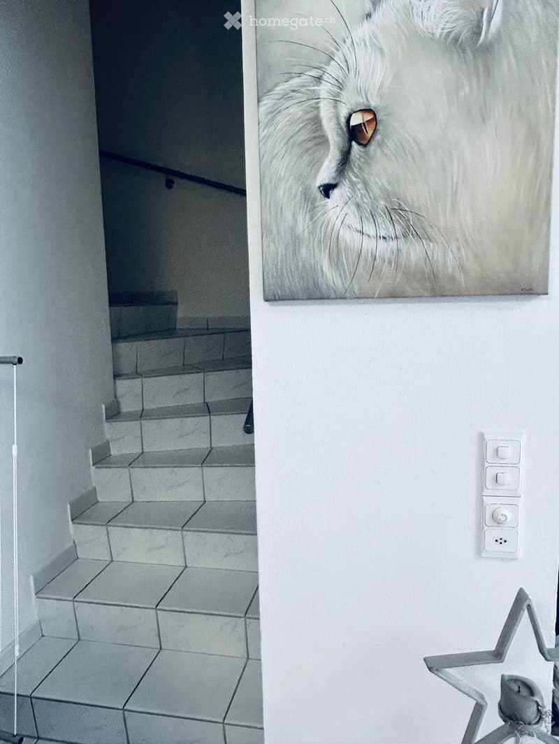 A modern hallway with tiled steps leading upwards, a large painting of a lion on the wall, and a decorative star-shaped object on the floor.