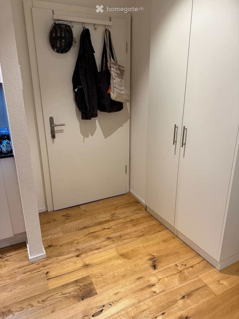 A clean, modern hallway with light wooden flooring, white walls, and built-in white storage cabinets. A coat rack holds jackets and a helmet, and a door leads to another room.