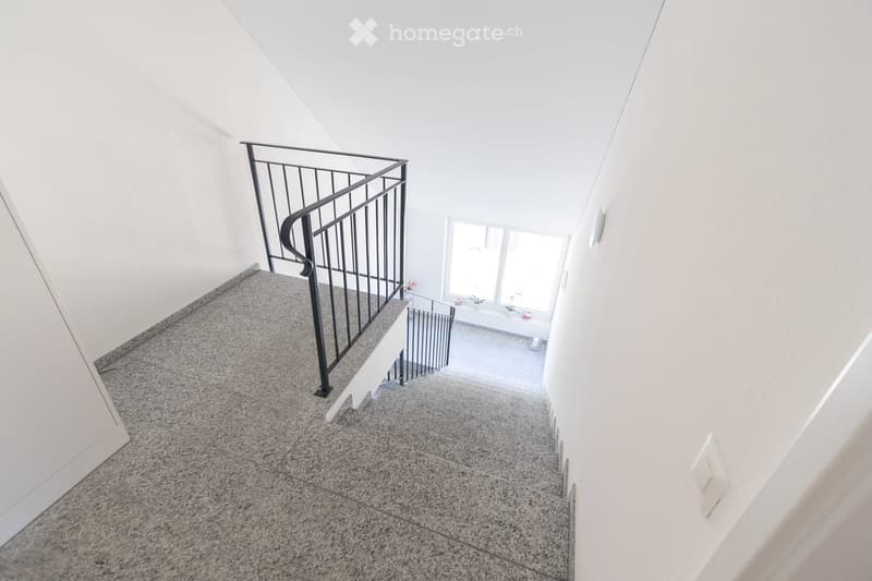Staircase with modern black metal railing, grey tiled steps, and white walls. Natural light from windows at the top.