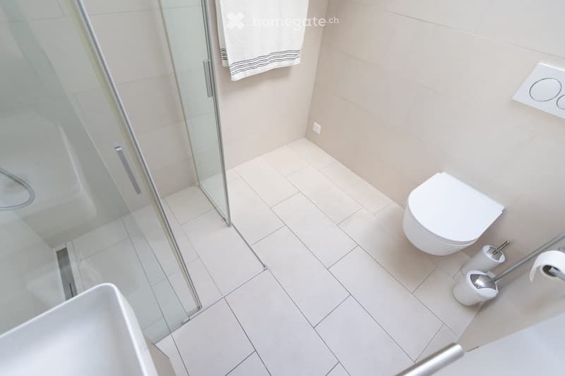 Modern bathroom with white tiles, a toilet, a sink, a glass-enclosed shower, and a towel hanging on the wall.