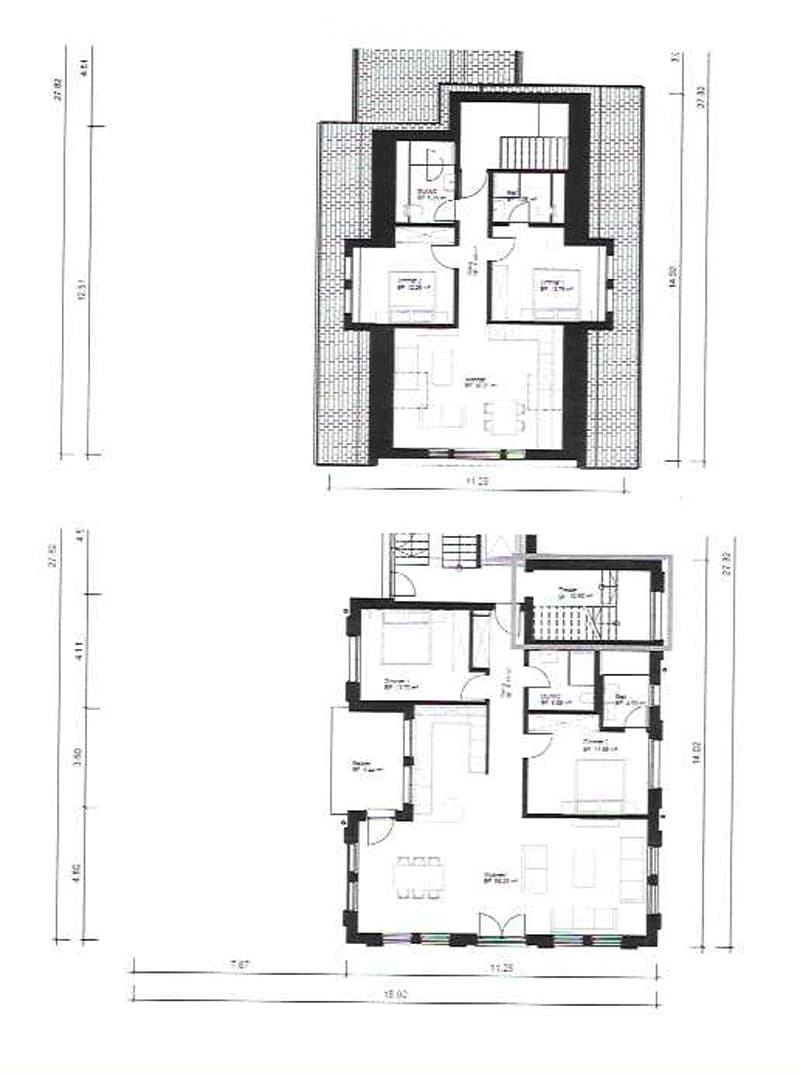 Floor plan of a two-story house with multiple rooms including living room, dining room, bedrooms, bathrooms, and a kitchen.