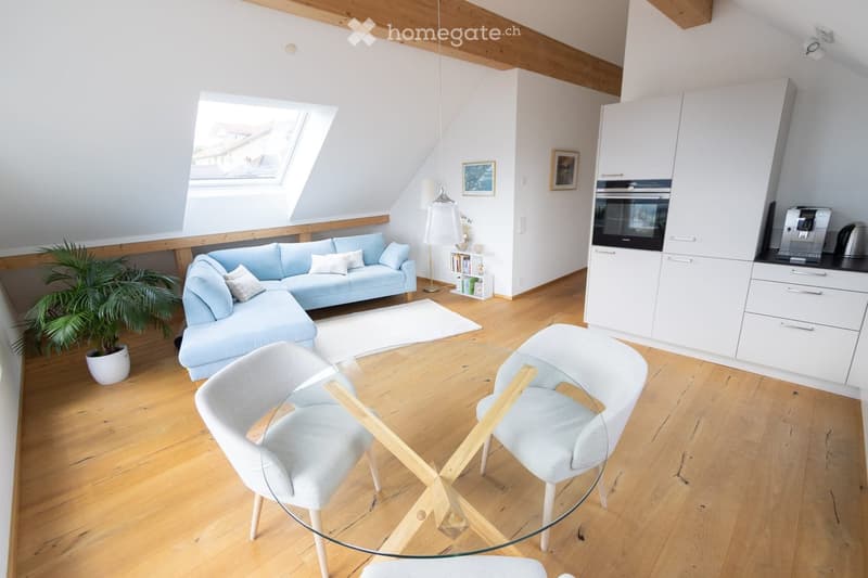 Bright, open living and dining area with wooden flooring, a light blue sofa, a glass dining table with chairs, a small kitchen area with white cabinets and appliances, and a potted plant near the window.
