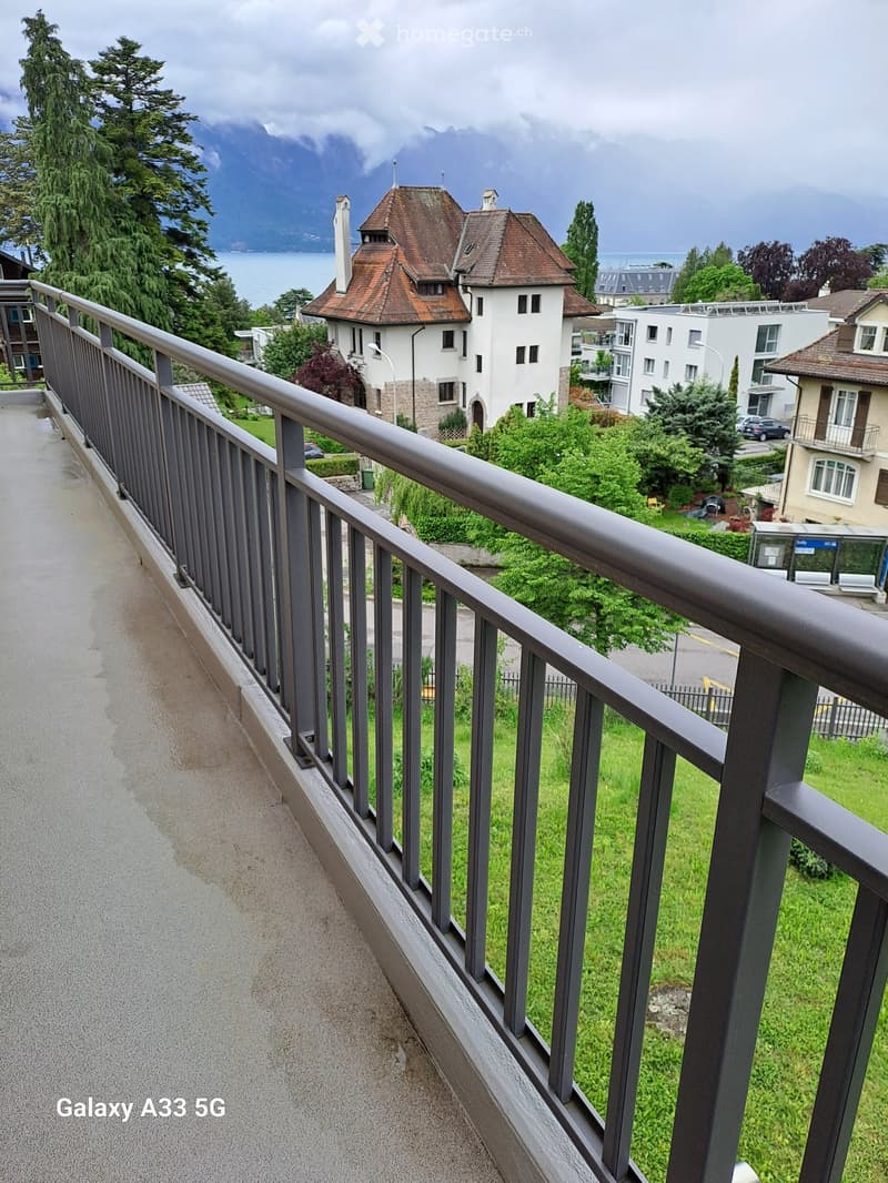 Balcony overlooking a scenic view of a lake and mountains, with a metal railing and a pathway leading down.