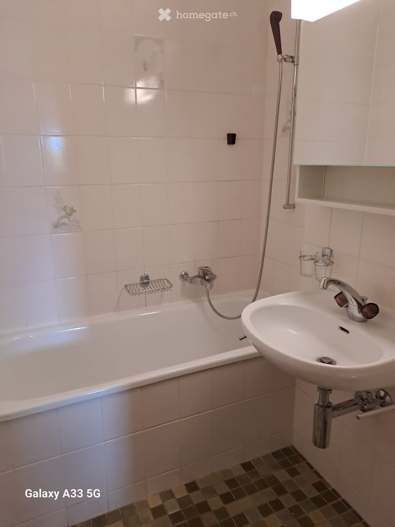 Bathroom with a bathtub, sink, and modern fixtures, including a shower hose and a towel rack.