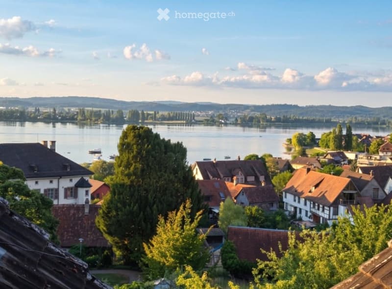 Scenic view of a town with houses, a lake, and surrounding hills under a clear sky.