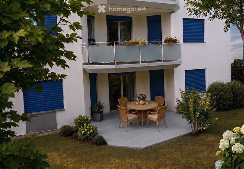 Balcony with a round table and four chairs, surrounded by potted plants and greenery.