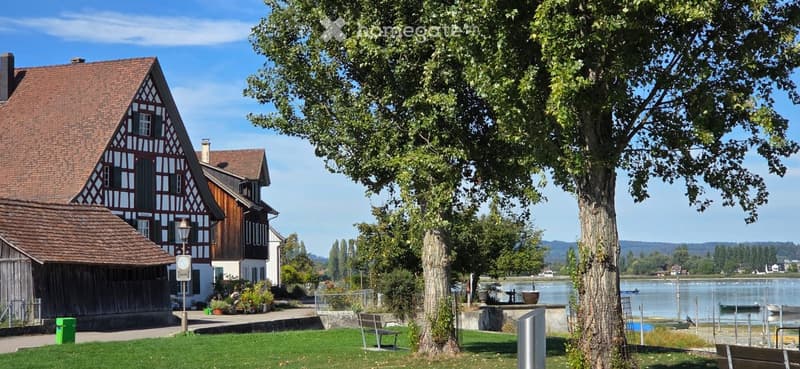 Traditional half-timbered house with a red-tiled roof, surrounded by greenery and a waterfront view.