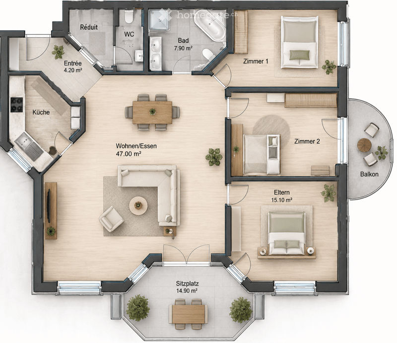 Floor plan of a modern apartment with a living/dining area, kitchen, three bedrooms, bathroom, and balcony.