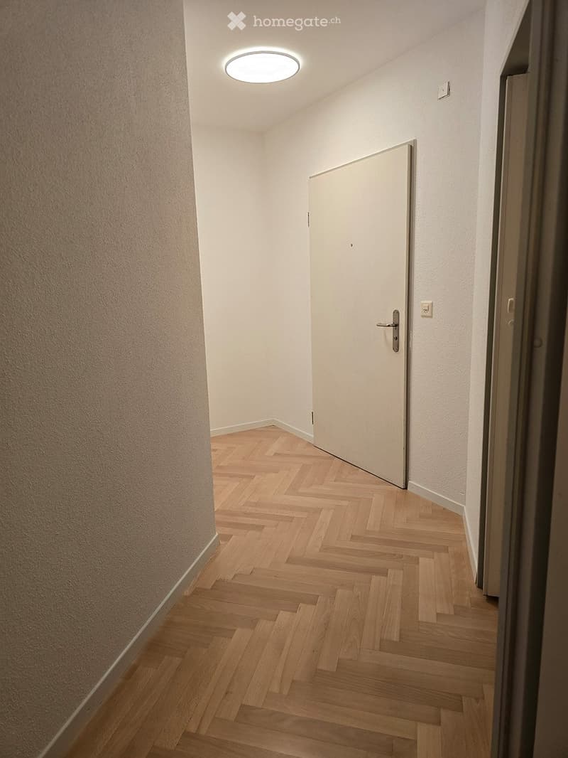 A narrow hallway with wooden herringbone flooring, white walls, and a closed door at the end. A round ceiling light illuminates the space.
