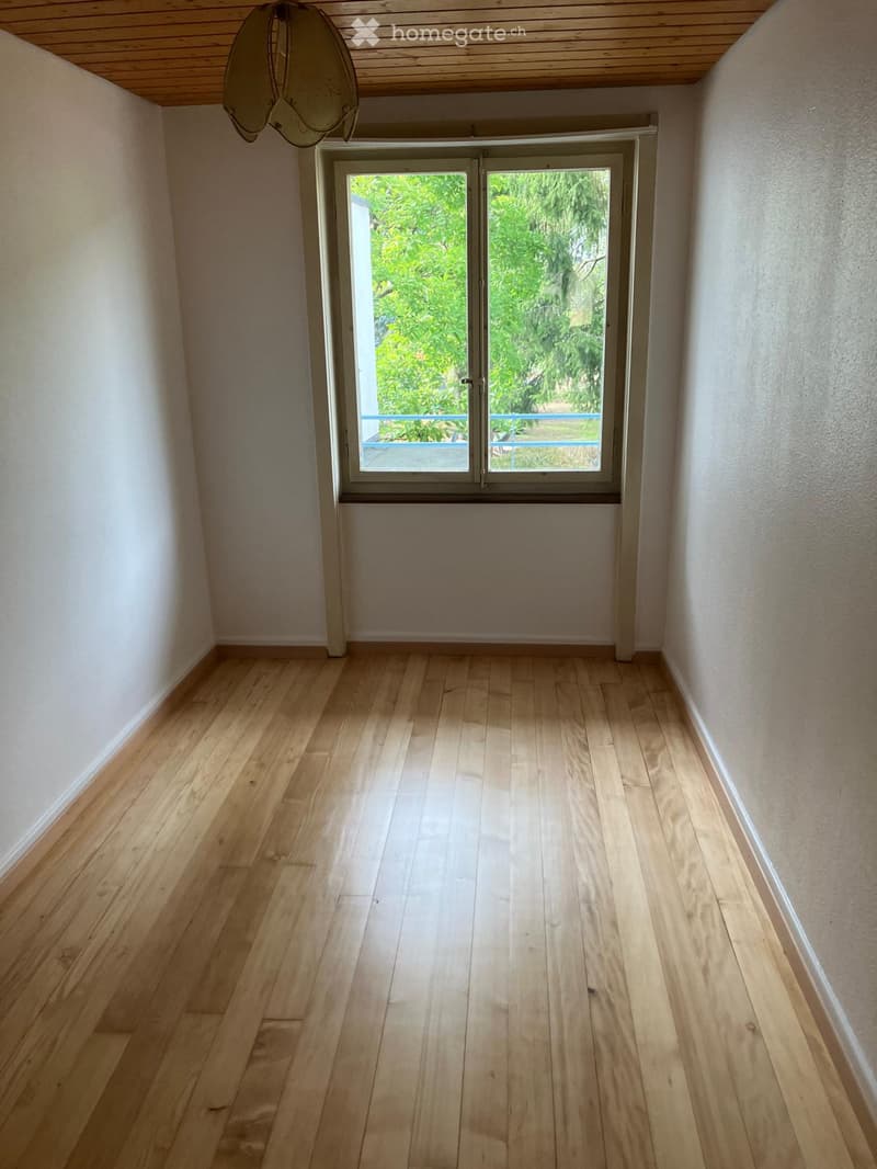 Empty hallway with wooden flooring, white walls, and a large window at the end showing greenery outside.