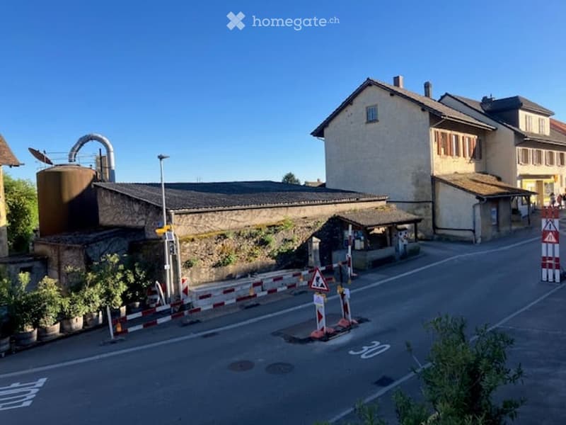 A rural road scene with a small industrial building on the left and a residential building on the right. The industrial building has a cylindrical tank and a chimney, while the residential building is a multi-story structure with a tiled roof and several