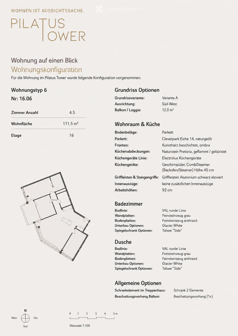 Floor plan of apartment type 6, 4.5 rooms, 111.5 m², located on the 16th floor, featuring a balcony.