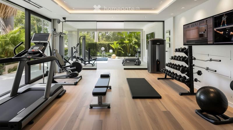Modern home gym with wooden flooring, large windows, treadmill, elliptical machine, bench, dumbbell rack, exercise ball, and TV screen.