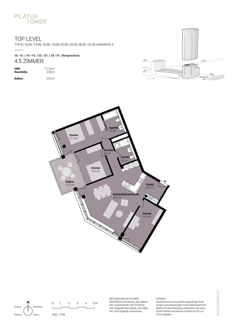 Floor plan of a 4.5-room apartment on the top level, featuring a kitchen/living/dining area, four bedrooms, two bathrooms, a corridor, and a balcony.