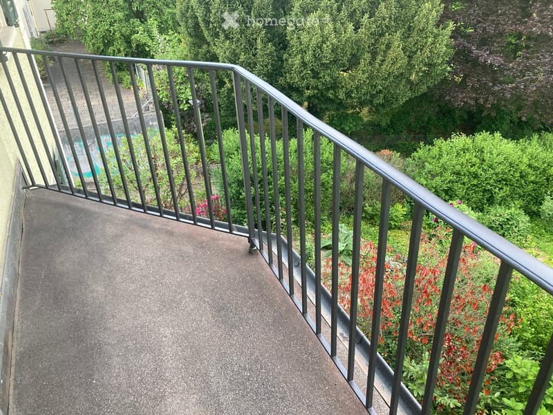 Balcony / Terrace. Balcony with metal railing, overlooking a garden area with greenery and flowers.