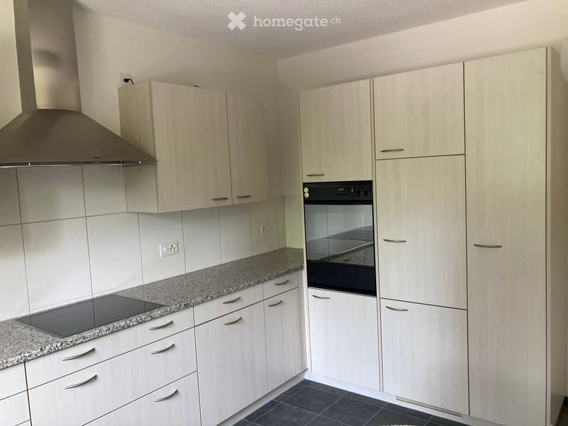 Modern kitchen with light wood cabinets, granite countertop, built-in oven, and range hood.