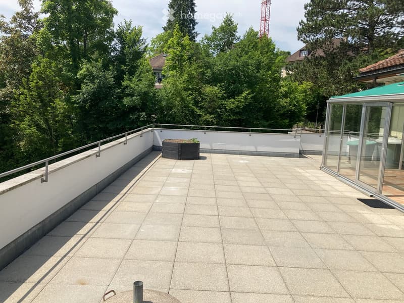 Balcony / Terrace. Spacious balcony with tiled flooring, white walls, metal railing, and a small planter in the center. A glass-enclosed area is visible on the right side.