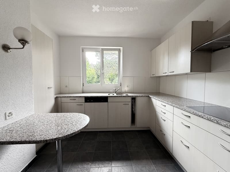 Modern kitchen with white cabinets, granite countertops, a sink, dishwasher, and a range hood. Features a round island with a granite top and a wall-mounted light fixture.