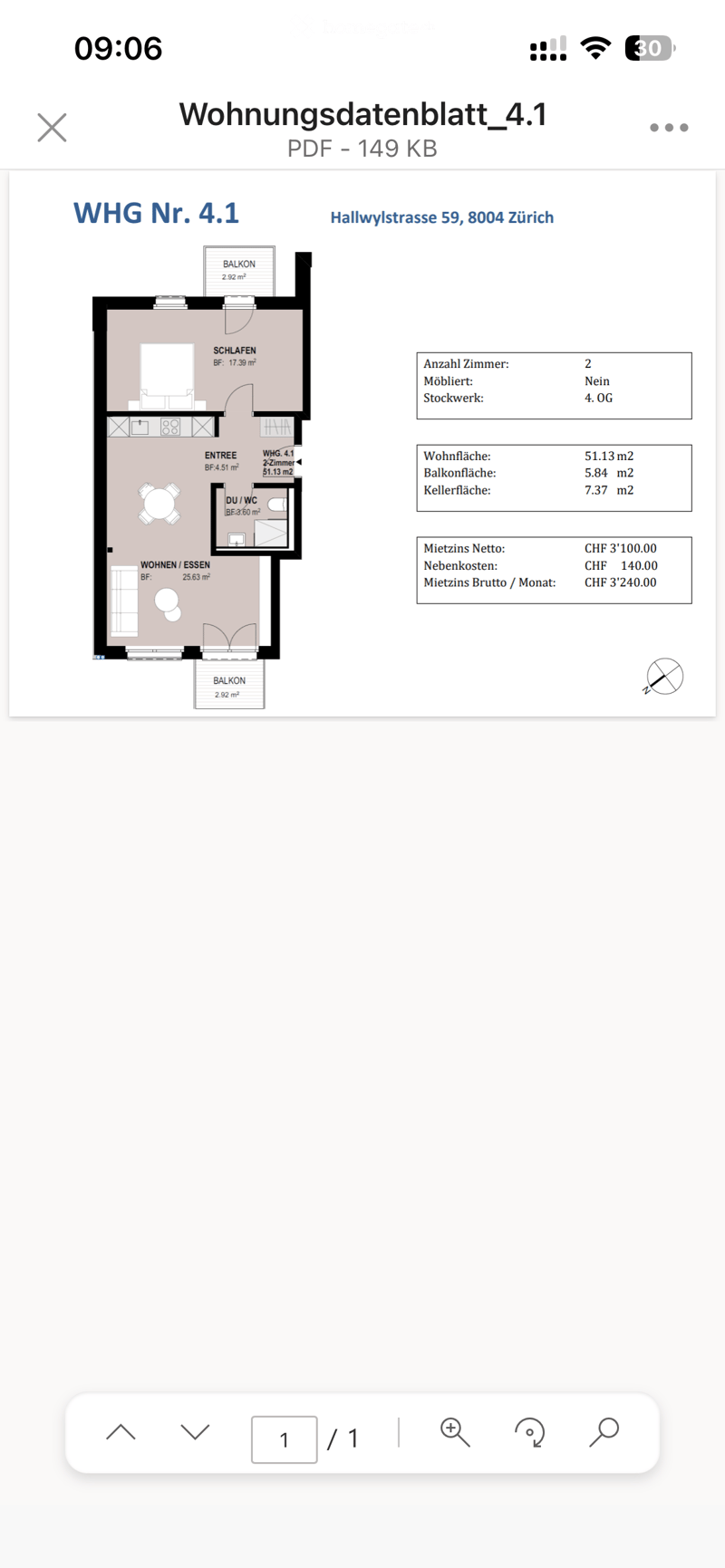 Floor plan of a 2-room apartment with a living/dining area, bedroom, bathroom, and two balconies.