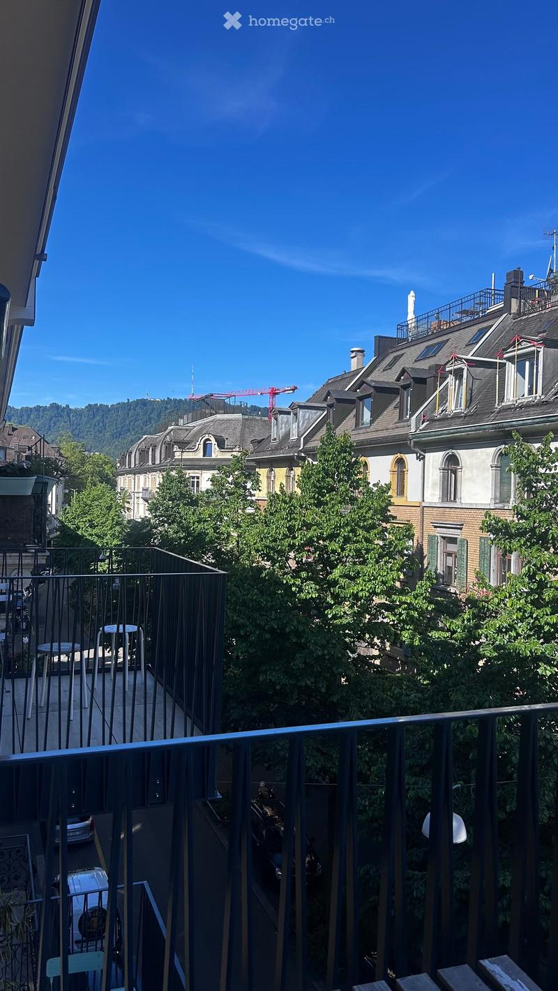 Balcony overlooking a cityscape with historic buildings, trees, and a clear blue sky.