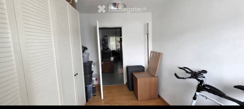 A narrow hallway with wooden flooring, white walls, and a ceiling light fixture. A bicycle is positioned against the wall, and a cardboard box sits on a small wooden stand. An open doorway leads to another room with visible furniture.