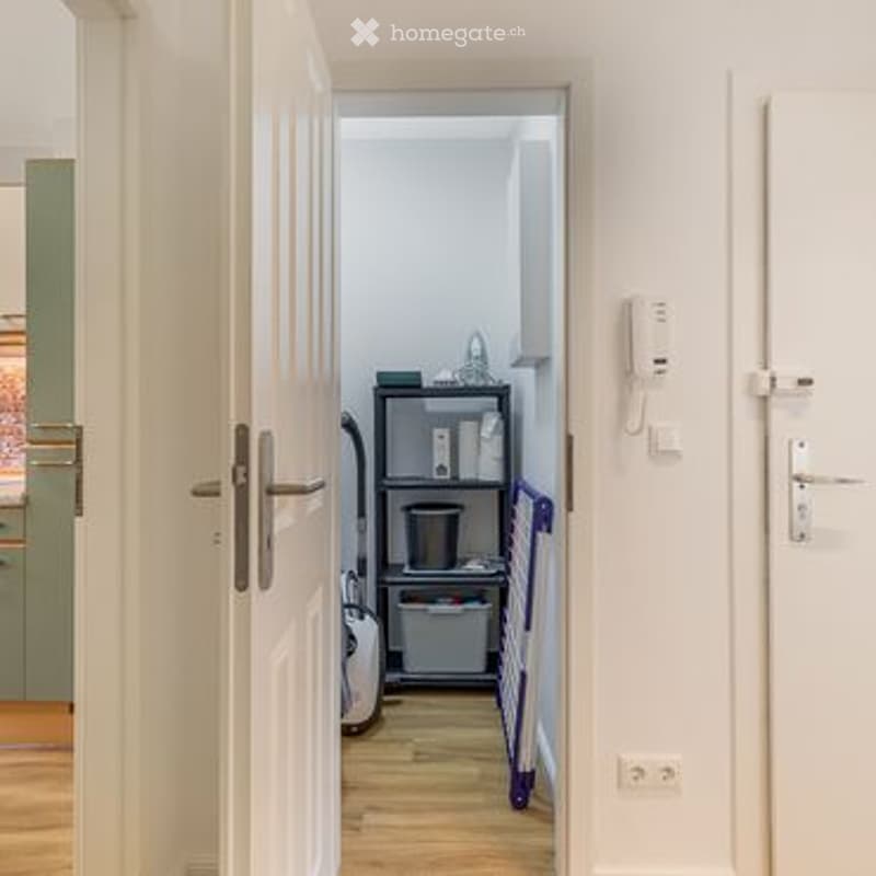 A small, well-lit hallway leading to a storage area with a vacuum cleaner, a storage unit, and a shelf with various items.