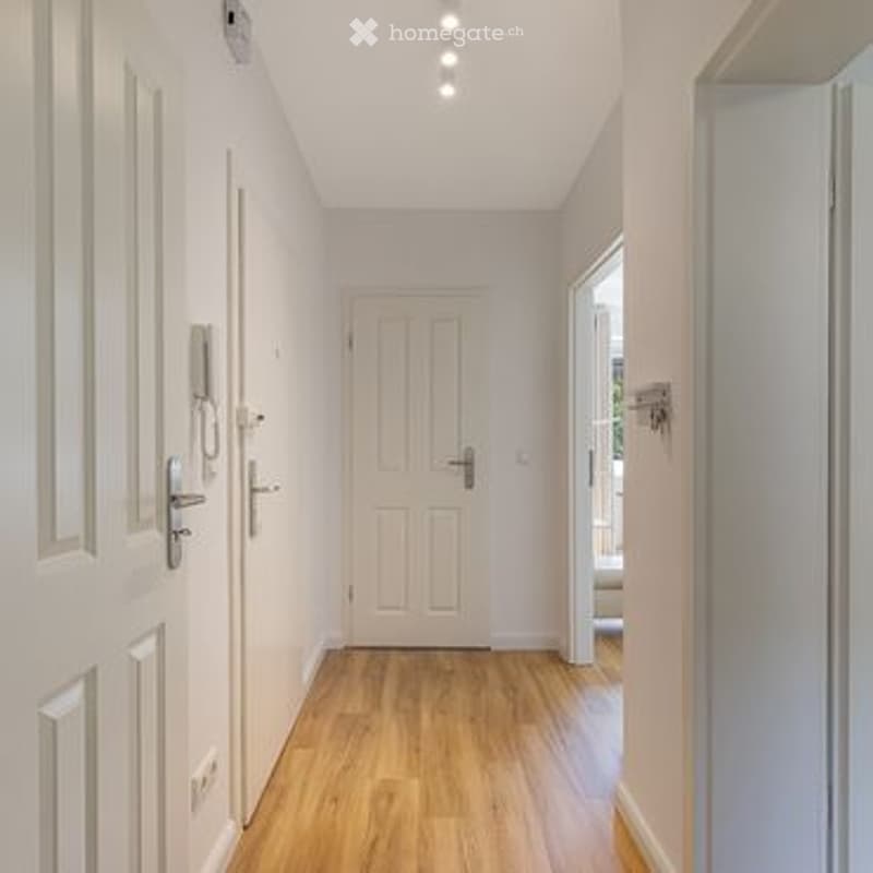 Bright, narrow hallway with light wooden flooring, white walls, and multiple doors leading to different rooms.