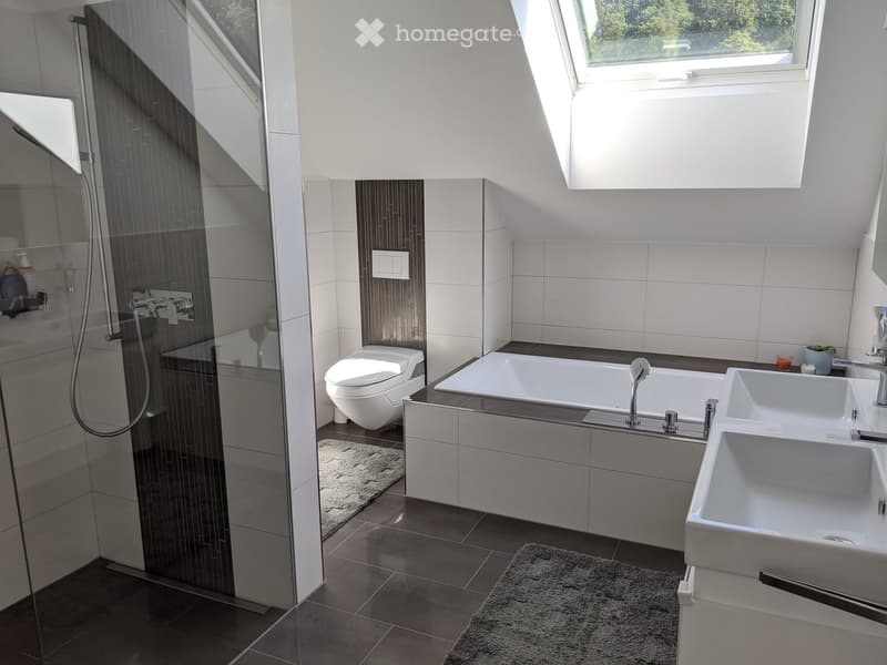 Modern bathroom with a bathtub, toilet, double sink, and a glass-enclosed shower. The room features white tiles, dark accents, and a skylight window providing natural light.