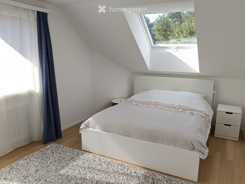 Bright, modern bedroom with a white bed, nightstand, and large skylight window. The room features wooden flooring and a grey rug.
