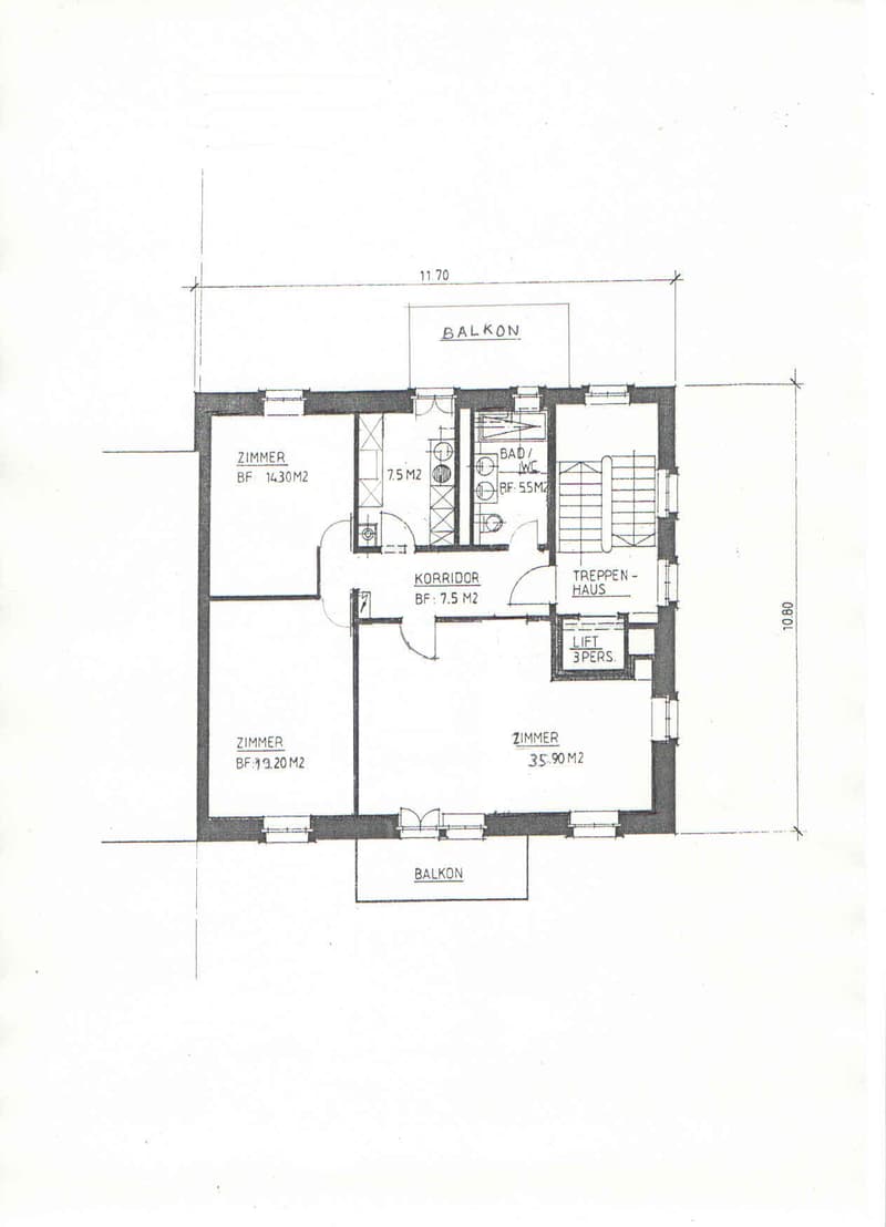 Floor plan showing a layout with multiple rooms including a corridor, staircase house, lift, and balconies.